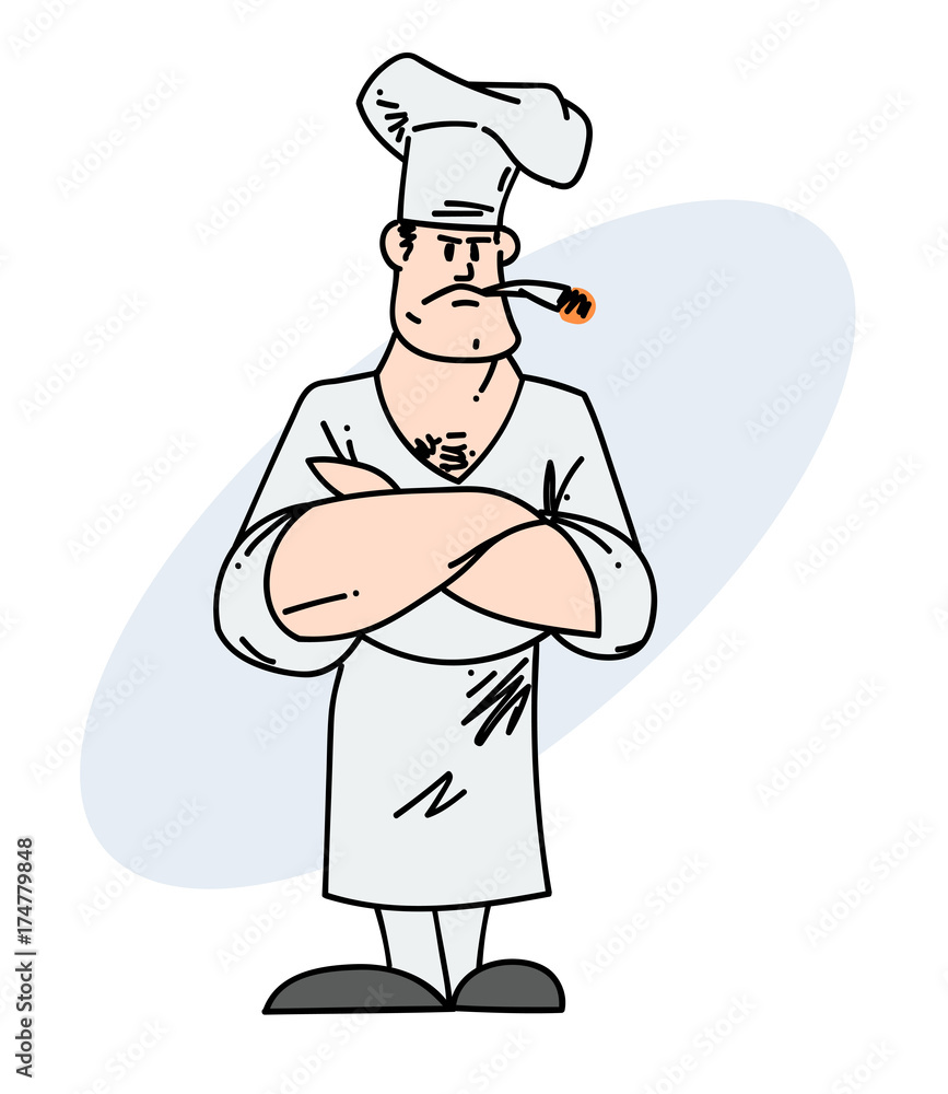 Cool chef with a cigarette hand drawn cartoon image. Freehand artistic illustration. Cool chef with a cigarette hand drawn cartoon image. Freehand artistic illustration.