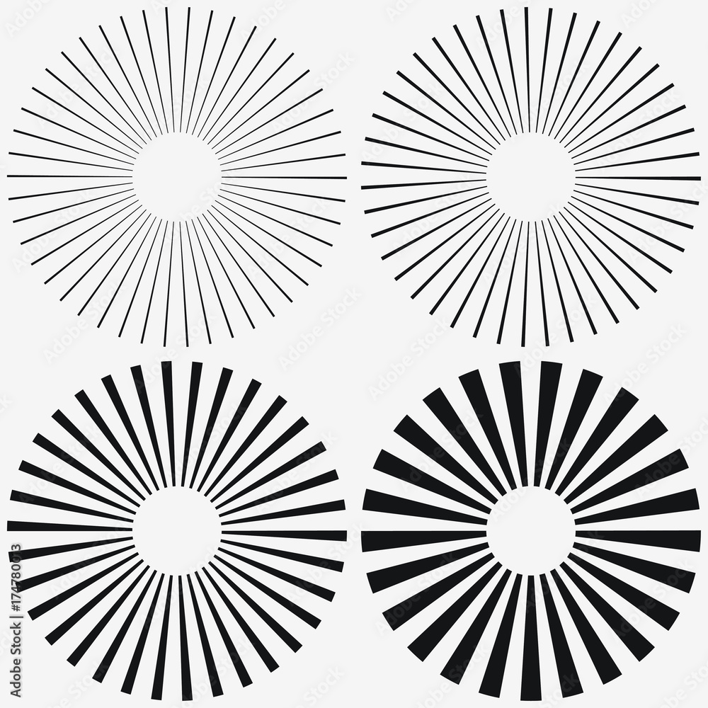 Sunburst element. Starburst, radial stripes. Set of ray, beam. Vector illustration. Sunburst element. Starburst, radial stripes. Set of ray, beam. Vector illustration.