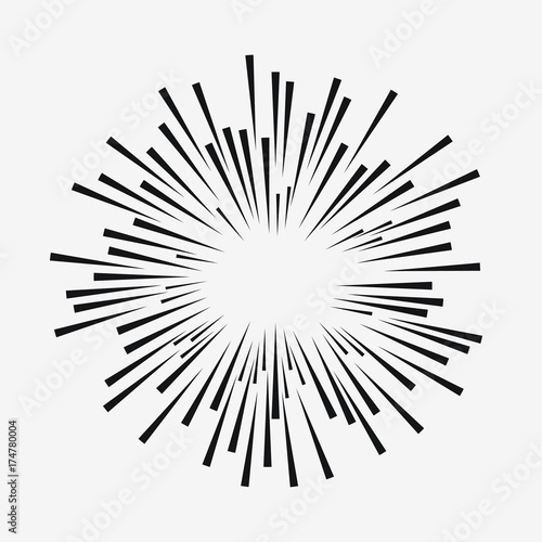 Comic explosion effect. Radial moving lines. Sunburst element. Sun rays. Vector illustration.
