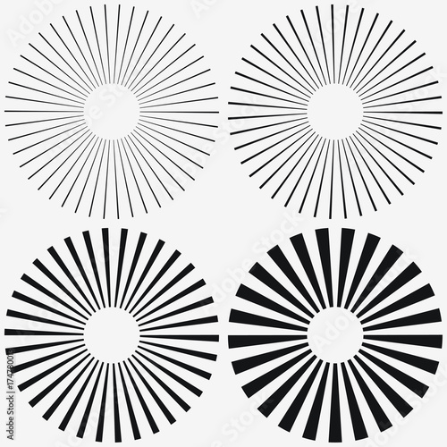 Sunburst element. Starburst, radial stripes. Set of ray, beam. Vector illustration.