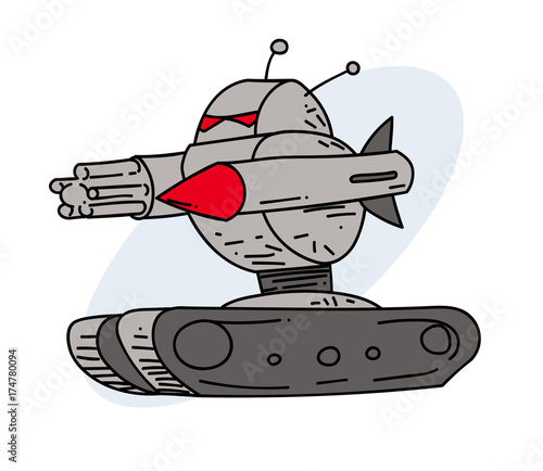 Futuristic robot killing machine, hand drawn cartoon image. Freehand artistic illustration.