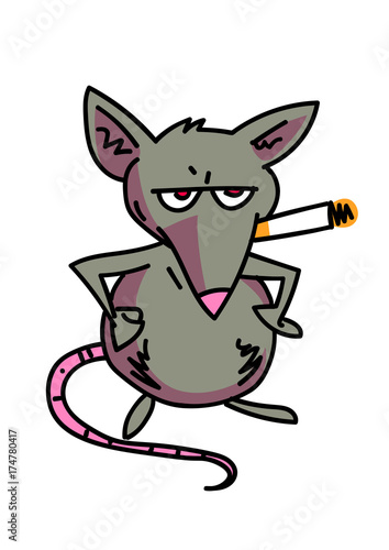 Rat smoking cigarette cartoon, hand drawn image. Original colorful artwork, comic childish style drawing.