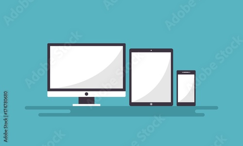 Template Set of All Screen Device Preview With White Screen for Website Preview, Landscape Banner, Landing Page in Trendy Flat Design Vector Illustration isolated in blue background