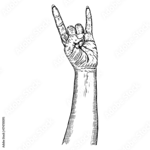 Rock and Roll hand sign. Hand drawn girl style fist demon symbol. Female wrist evil finger gesture. Woman hand showing Satan sign. Girly forearm music sketch style isolated on white. Vector.