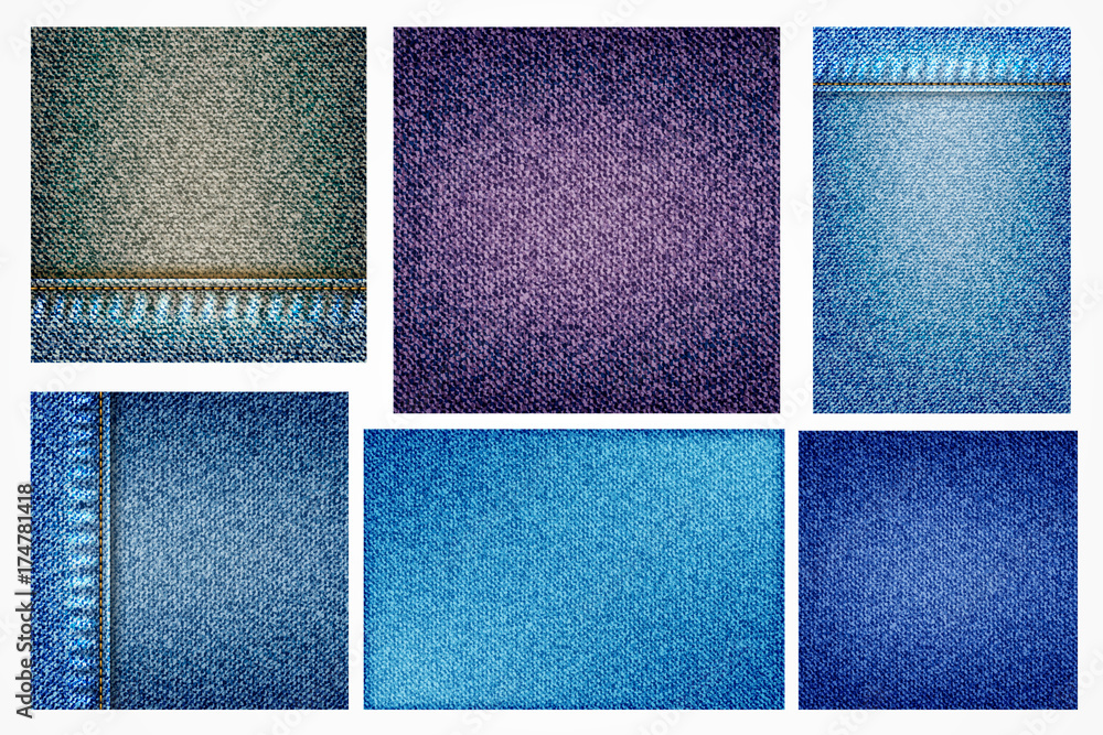 Fototapeta premium Set of jeans illustrations, blue denim background with pocket or texture border element. Geometric denim surface pattern for flyers. Abstract indigo dyed effect decorative textured background. Vector.