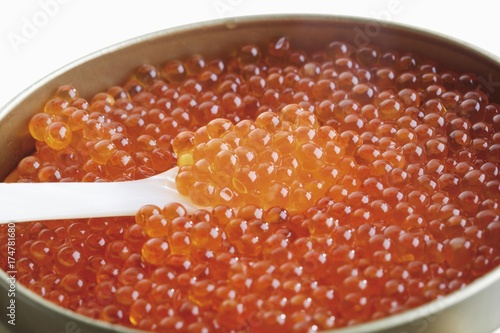 Can of trout caviar with a mother of pearl spoon