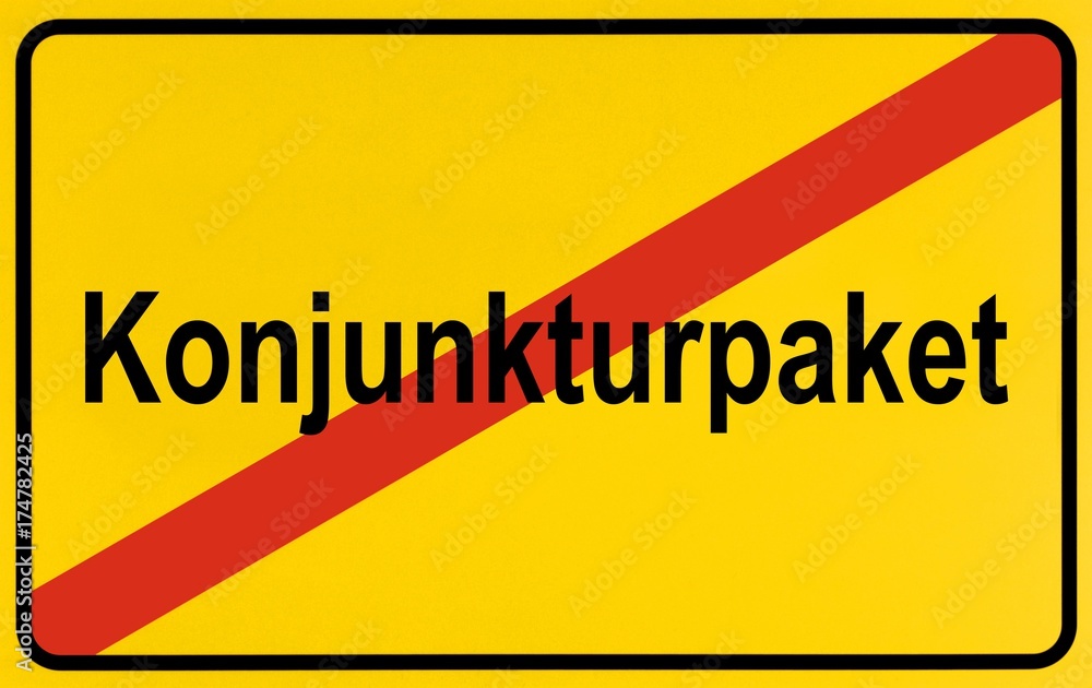 Obraz premium End of town sign with the name Konjunkturpaket, symbolic image for the end of the economic stimulation package