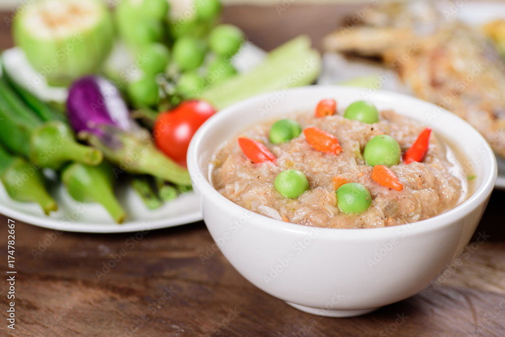 Thai food (Nam Prik Kapi),shrimp paste chili dip with fried mackerel omelette and fresh vegetables on wooden background Thai food (Nam Prik Kapi),shrimp paste chili dip with fried mackerel omelette and fresh vegetables on wooden background