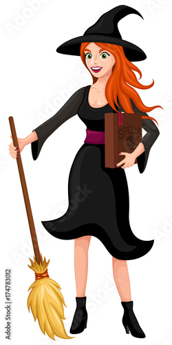 Vector illustration of a pretty red-haired witch standing with her broom and a book of spells.