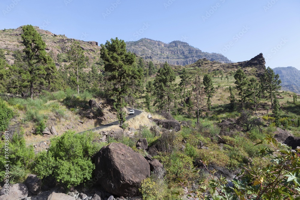 Mountain chain and a country road, El Pie de la Cuesta, Roque Bentaiga, Gran Canaria, Canary Islands, Spain, Europe, PublicGround, Europe