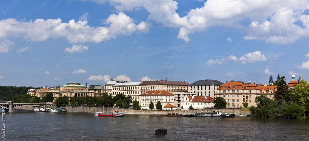 View across Vltava River on the historic town, behind the Rudolfinum and the Academy of Art, Prague, Czech Republic, Europe