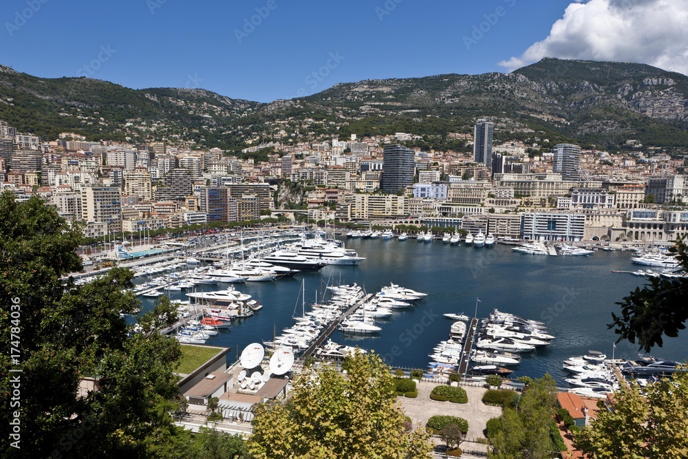 Overlooking the harbour of Monaco, Port Hercule, Monte Carlo, Principality of Monaco, Cote d'Azur, Mediterranean Sea, Europe, PublicGround