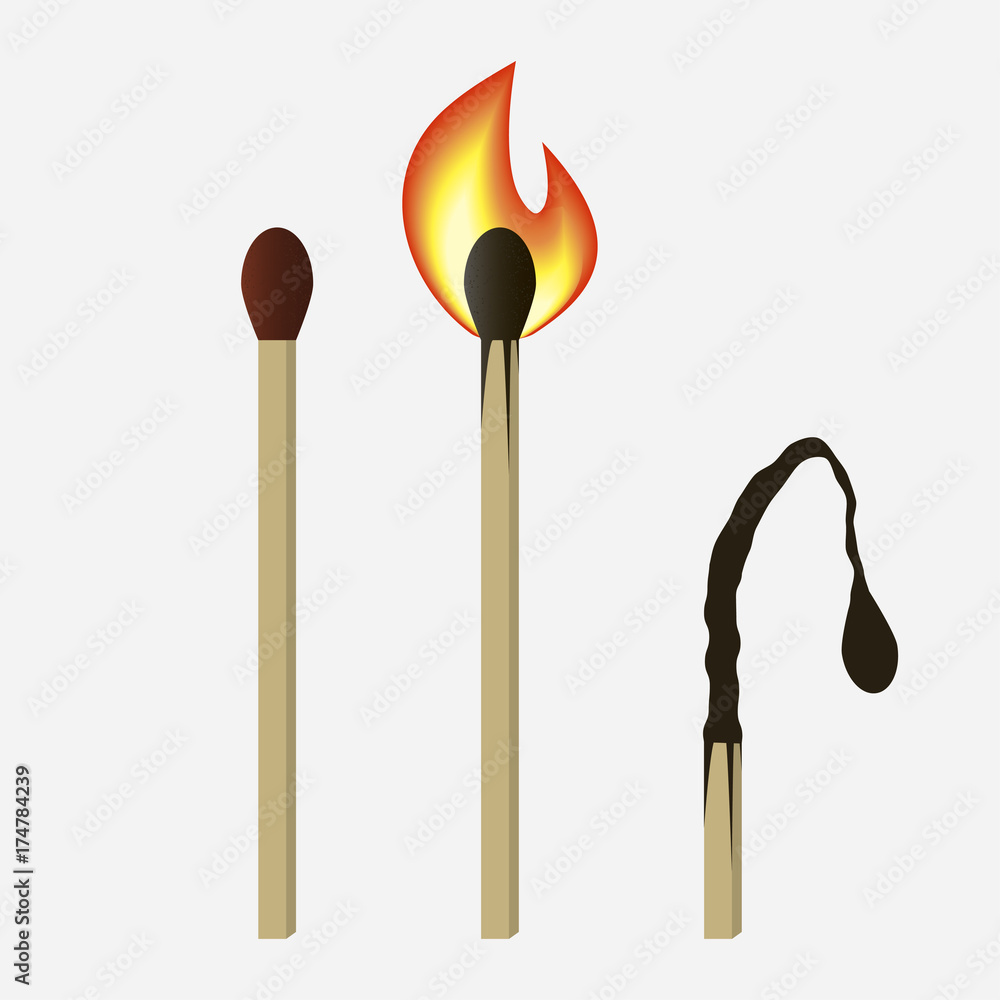 Match set - unused, burning and burned matchsticks. Isolated on white background. Vector illustration. Match set - unused, burning and burned matchsticks. Isolated on white background. Vector illustration.
