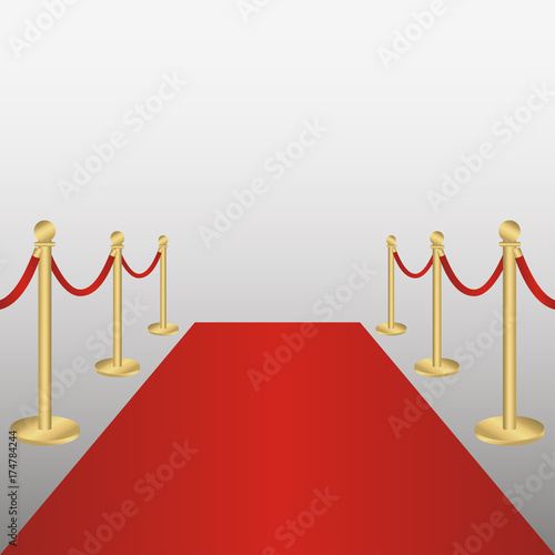 Red carpet with gold barriers rope. Corridor for VIP persons, celebrations, ceremonies, awarding. Vector illustration.