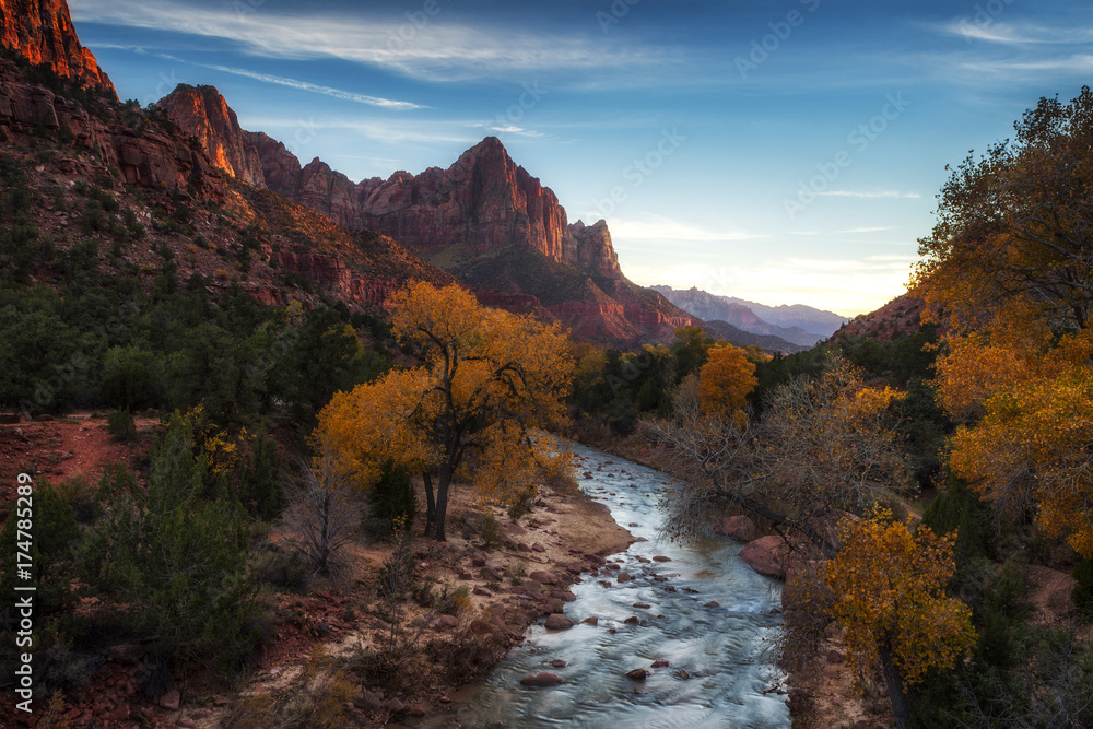 View of the Watchman in Zion National Park at sunset View of the Watchman in Zion National Park at sunset