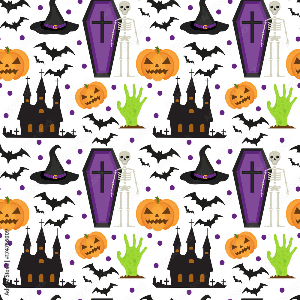 Halloween seamless pattern. Scary repeating texture with coffin, castle ...
