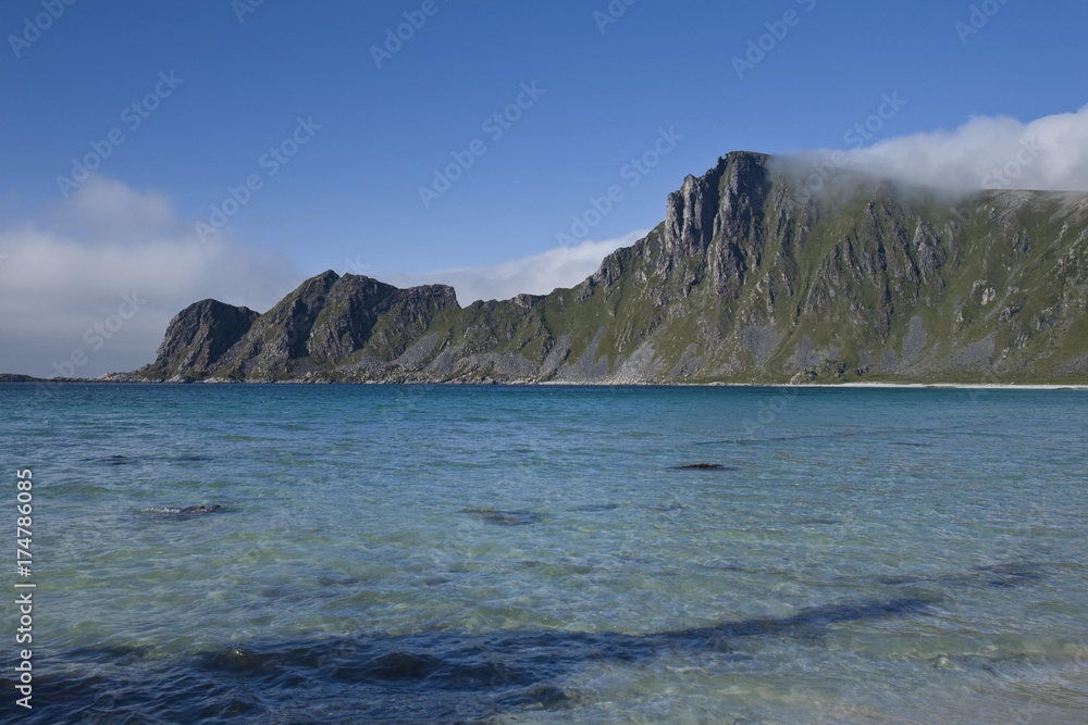 Fototapeta premium Hoeyvika Bay near Stave, Matind mountain, Andoeya Island, Vesteralen, Norway, Scandinavia, Europe