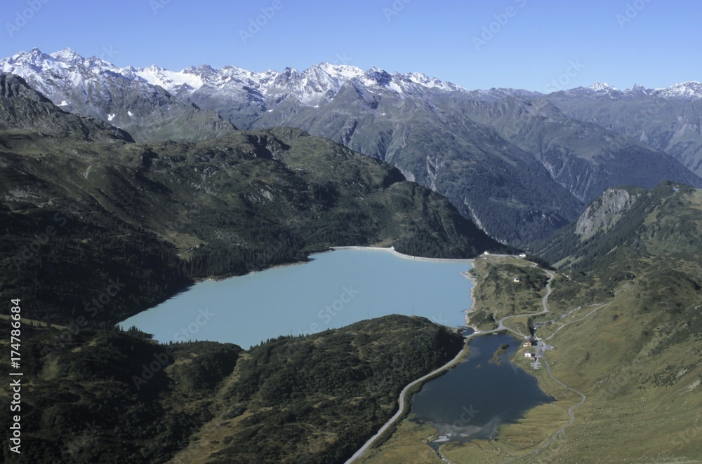 View of the Stausee Kops storage lake, Zeinisjoch mountain, 1822 m and Silvretta mountain range, Tyrol, Austria, Europe