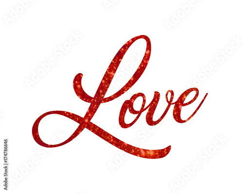 Red glitter of isolated hand writing word LOVE