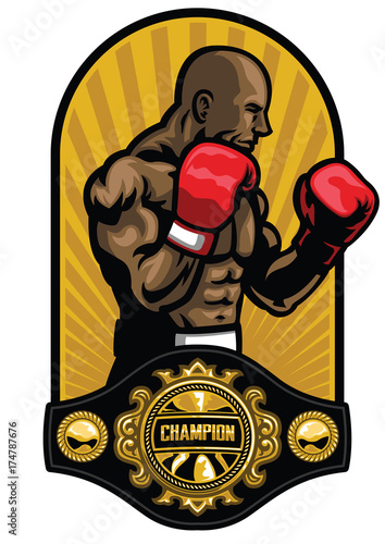 boxer pose with boxing champion belt
