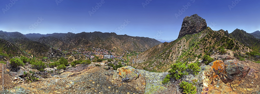 360 panorama of the striking volcanic vent Roque El Cano, Vallehermoso, La Gomera, Canary Islands, Spain, Europe