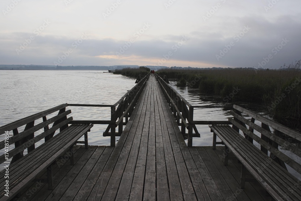 On the Federsee footbridge at Federsee lake before sunrise, nature reserve, with 33 square kilometers the largest bog in southwest Germany, district of Biberach, Upper Swabia, Baden-Wuerttemberg, Germany, Europe
