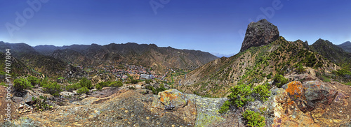 360 panorama of the striking volcanic vent Roque El Cano, Vallehermoso, La Gomera, Canary Islands, Spain, Europe photo