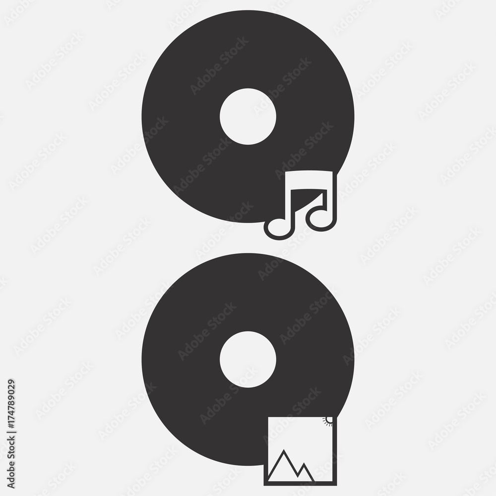 Two discs with illustration of melody and picture. Vector illustration. Two discs with illustration of melody and picture. Vector illustration.