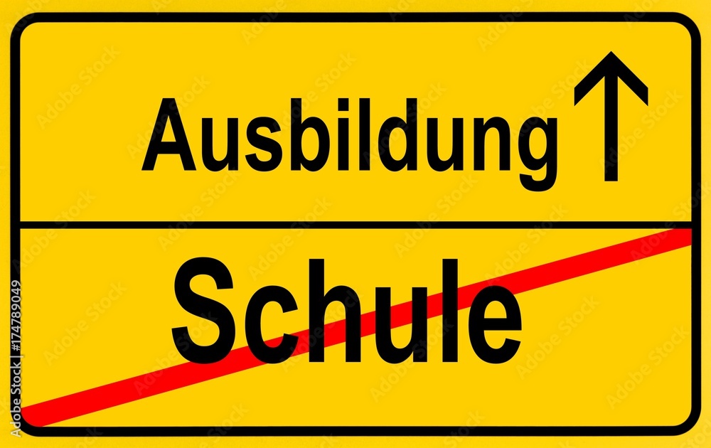 Sign, city limit, symbolic image for the transition from Schule or school to Lehre or vocational training Sign, city limit, symbolic image for the transition from Schule or school to Lehre or vocational training