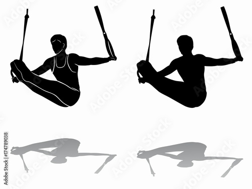 silhouette of gymnast on still rings, vector draw