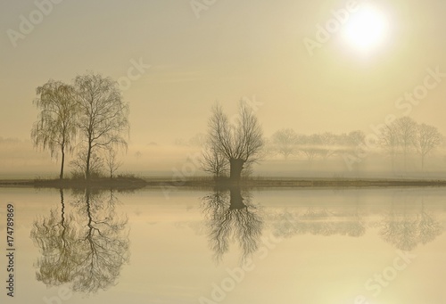 Morning mood at a lake at sunrise, near Tangstedt, Schleswig-Holstein, Germany, Europe