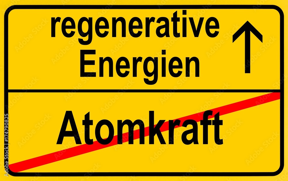 Symbolic image in the form of a town sign, in German, exit from atomic power, entrance into regenerative energy sources Symbolic image in the form of a town sign, in German, exit from atomic power, entrance into regenerative energy sources