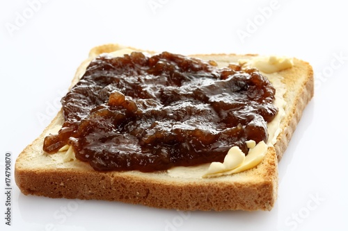Slice of toast, toasted slice of bread with rhubarb jam