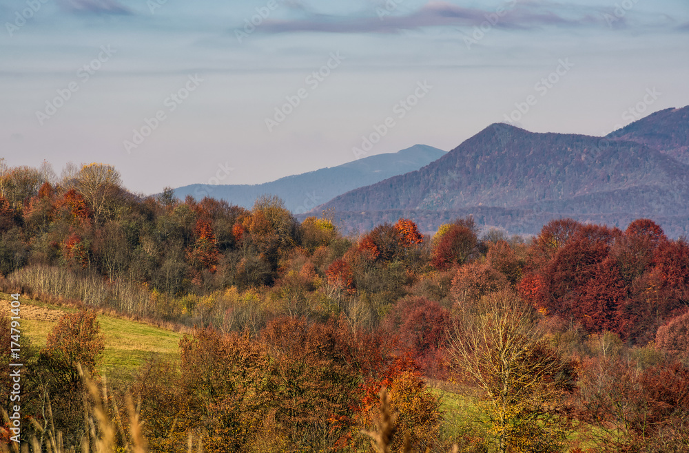 ridge with peaks above hillside with forest. lovely mountainous background in late autumn