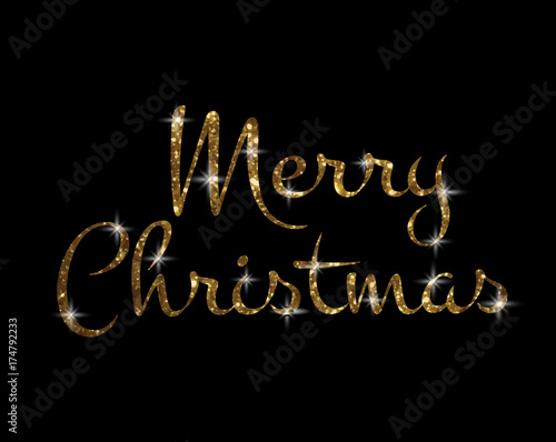 Golden glitter isolated hand writing word Merry Christmas