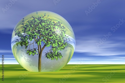 Tree in a bubble, symbolic image for protection of the environment, 3D graphics