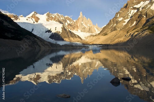 Reflection of Mt Cerro Torre in a glacial lake in the morning, Parque Nacional Los Glaciares, Los Glaciares National Park, Patagonia, Argentina, South America © imageBROKER