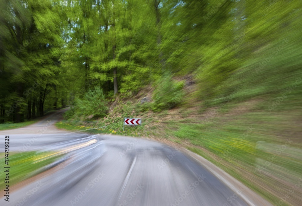 Obraz premium High speed motion, country road in a wooded area with a sharp left turn, Germany, Europe, PublicGround, Europe