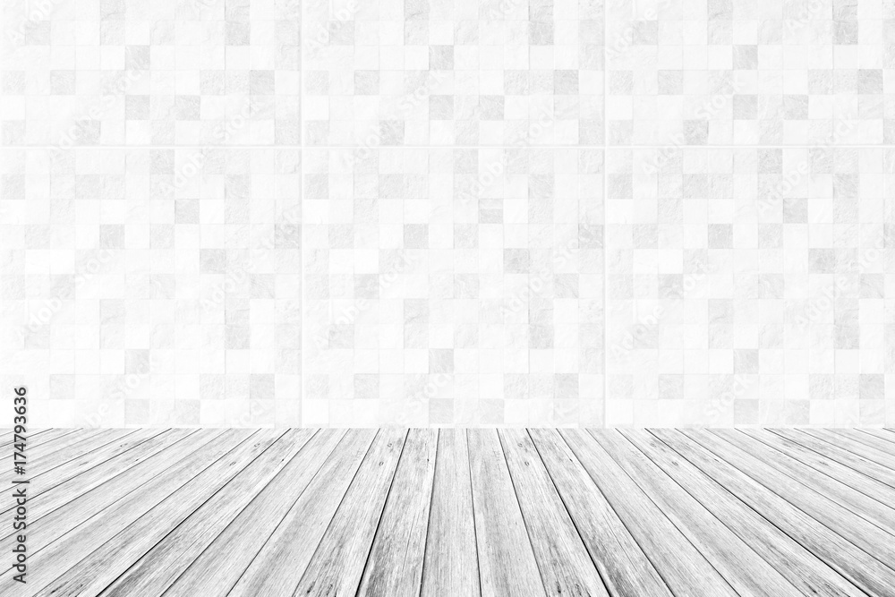 Tile wall texture , process in white color with wood terrace Tile wall texture , process in white color with wood terrace