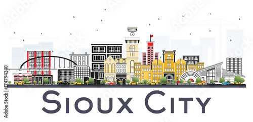 Sioux City Iowa Skyline with Color Buildings Isolated on White Background.
