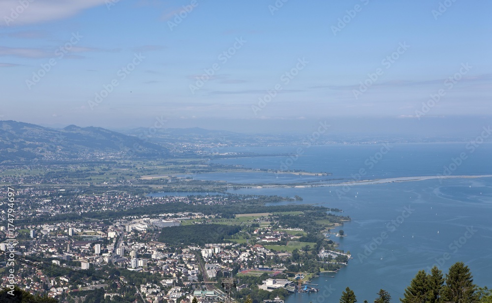 View from the Pfaender cable car over Bregenz, Pfaender Mountain, Lake Constance, Vorarlberg, Austria, Europe