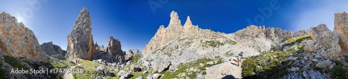 360 panorama view at the col Cir, in Puez Geisler National Park, Selva, Selva, Val Gardena, Gardena Valley, Groednertal, South Tyrol, Italy, Europe