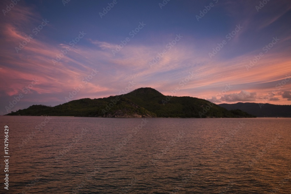 Sunset behind Sainte Anne Island, La Digue Island, Seychelles, Indian Ocean, Africa
