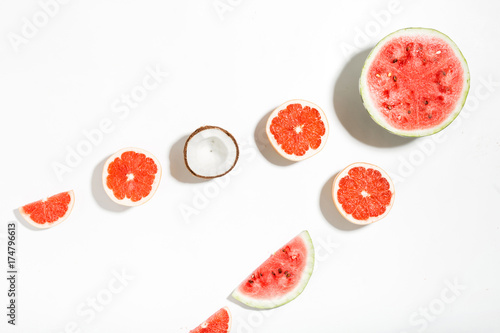 Creative layout made of watermelon, coconut and grapefruit
