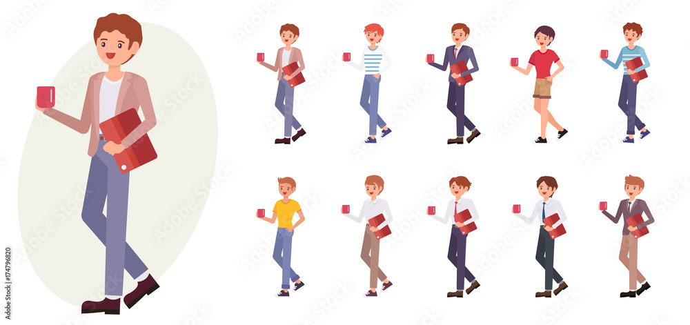 Cartoon character design male office man stand holding coffee cup and documents collection