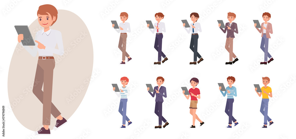 Cartoon character design male man stand watching pointing tablet collection