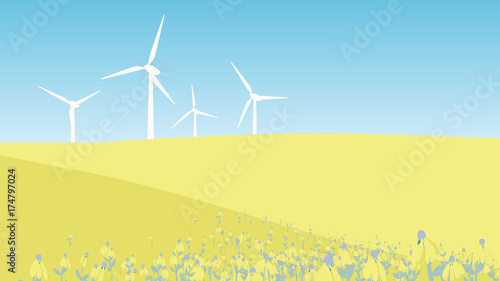 Windmilsl on the hill with yellow flower field landscape