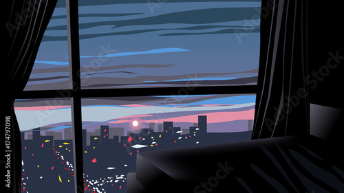 Beautiful city and sunset landscape, view from the room