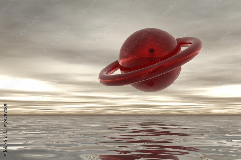 Obraz na plátně Red flying object in the grey sky, 3D computer graphics