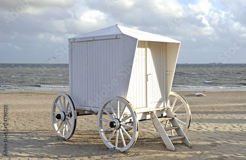 Historic beach trailer on the North Sea coast, Foehr, Schleswig-Holstein, Germany, Europe